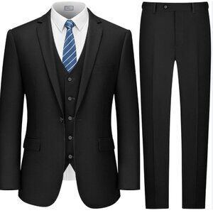 LUPURTY Men 3 Piece Men's Suit Slim Fit, Solid Jacket Vest Pants with Tie Set S